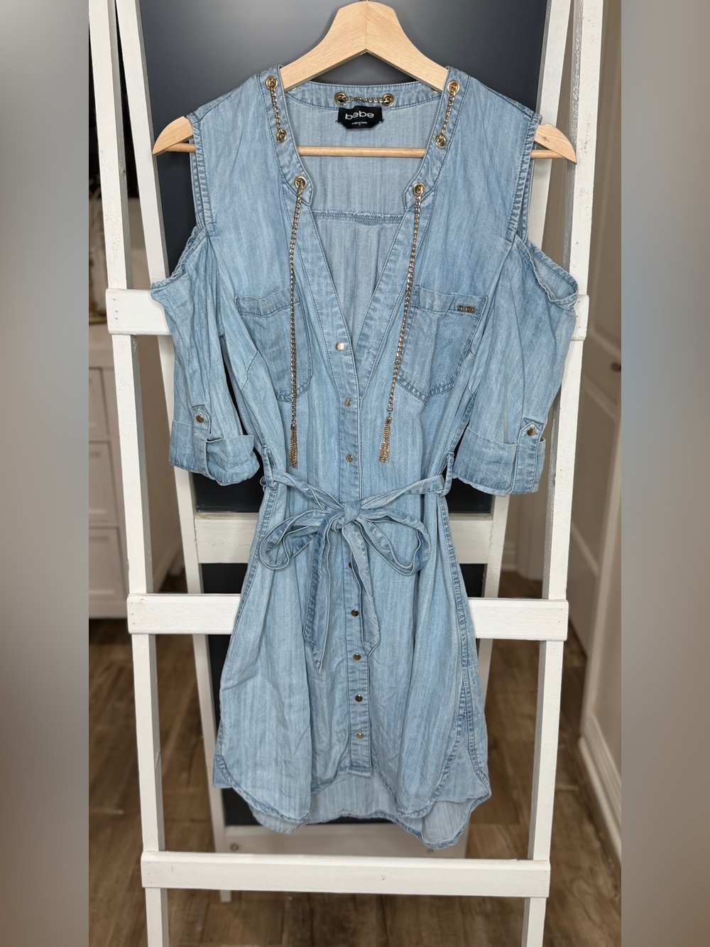 bebe Light Blue Cold-Shoulder Denim Mini Dress with gold details and chain